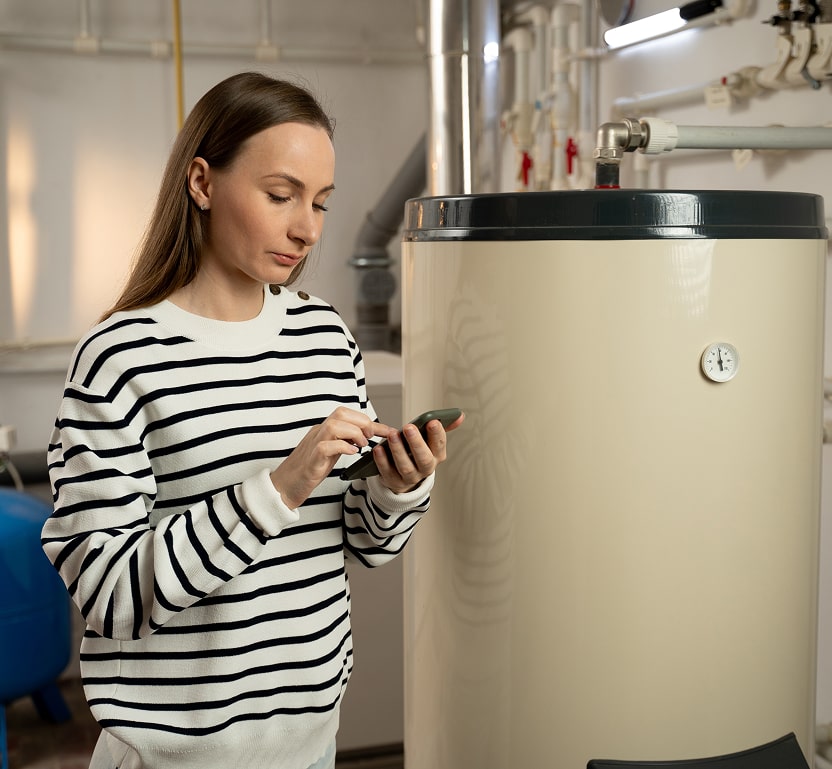 A woman typing on her phone near a furnace unit in her home