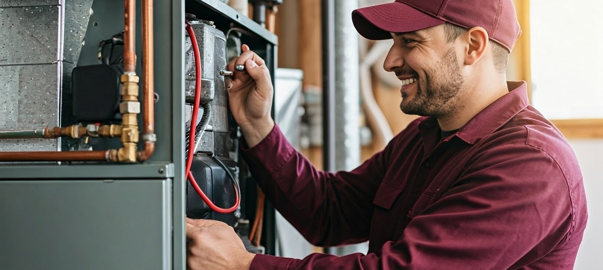 A worker smiling as he performs work on a furnace unit